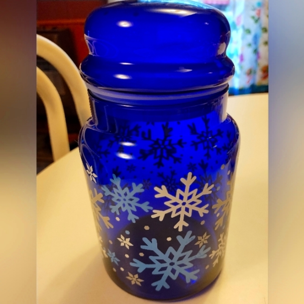 VTG Libbey Cobalt Blue Glass Snowflake Canister Apothecary Jar 7" Christmas